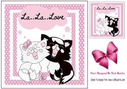 Cute kitties singing in pink polkadot frame with bow 8x8