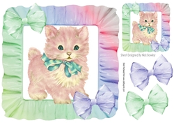 Pretty kitten vintage design in rainbow frill frame with bows 8x8