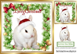 Cute white bunny in  santa hat in holly frame with bows 8x8