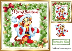 Cheeky monkey in a santa hat in holly frame with bows 8x8
