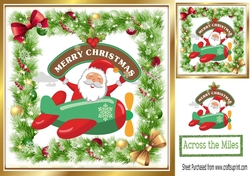 santa in a plane in holly frame with bows 8x8