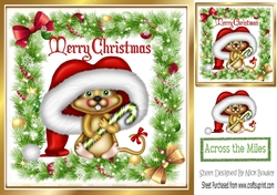 Jolly little mouse in santa hat, in holly frame with bows 8x8