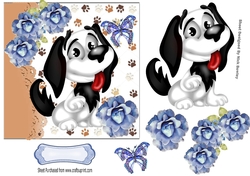 Cute black and white Cartoon dog with blue roses 7x7