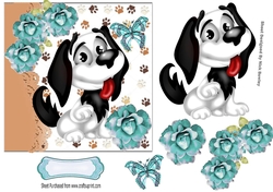Cute black and white Cartoon dog with turq roses 7x7