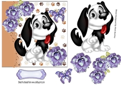 Cute black and white Cartoon dog with purple roses 7x7