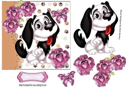 Cute black and white Cartoon dog with pink roses 7x7