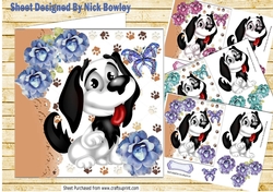 4 Cute black and white Cartoon dogs with  roses 7x7 card fronts mini kit