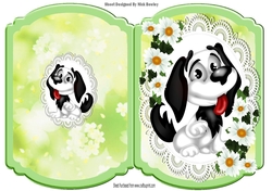 Cute cartoon black and white puppy on lace with daisies Bracket card