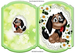 Cute cartoon brown and white puppy on lace with daisies Bracket card
