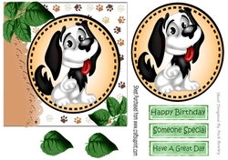 Cartoon black/white dog with leaves in 7x7 frame