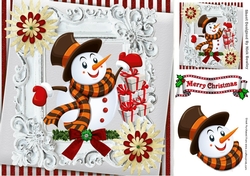 lovely snowman with presents in ornate red stripe frame 8x8