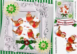 lovely Little robins playing in the snow in ornate green stripe frame 8x8