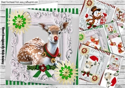 4 Cute Christmas card fronts green/red stripe ornate frames 8x8 mini kit