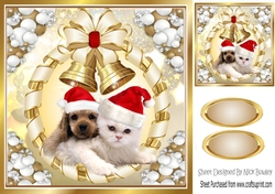 Cute puppy and kitten in red santa hats with gold bells 8x8