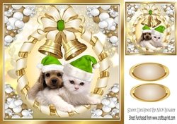 Cute puppy and kitten in green santa hats with gold bells 8x8