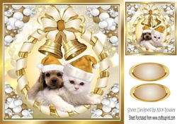 Cute puppy and kitten in gold santa hats with gold bells 8x8