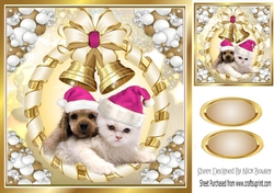 Cute puppy and kitten in cerise santa hats with gold bells 8x8