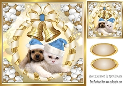Cute puppy and kitten in blue santa hats with gold bells 8x8