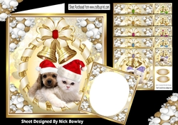 6 Cute puppy and kittens in santa hats card fronts with gold bells 8x8 bumper kit