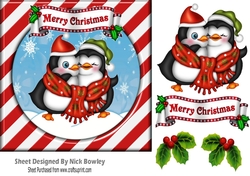 Cute pair of cuddle penguins in red stripe snow frame 7x7