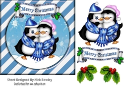 Cute pair of cuddle penguins in blue stripe snow frame 7x7