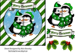 Cute pair of cuddle penguins in green stripe snow frame 7x7