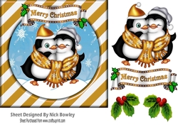 Cute pair of cuddle penguins in gold stripe snow frame 7x7