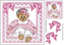 Cute teddy bear in pink dress with bows 8x8