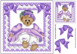 Cute teddy bear in lilac dress with bows 8x8