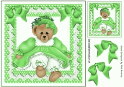 Cute teddy bear in green dress with bows 8x8