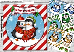  4 Cute pair of cuddle penguins colour stripe snow frame card/f 7x7 mini kit