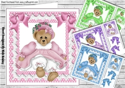 4 Cute teddy beas in  dresses with bows card fronts 8x8 mini  kit