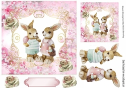Bunny love tea party in floral pink frame with roses 7x7