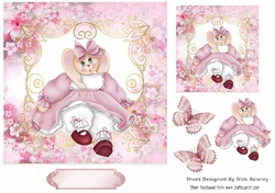 Bunny in dress in floral pink frame with butterflies 7x7