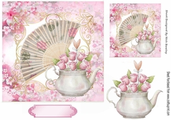 Pretty fan and flowers in pink ornate frame 7x7