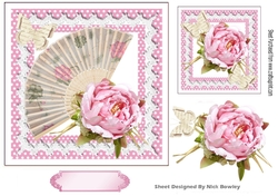 Fan with pretty pink roses and paper butterflies 7x7