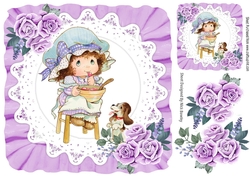 sweet little bonnet girl on lace with purple roses 8x8