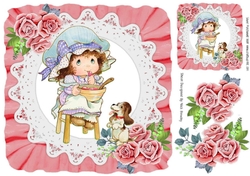 sweet little bonnet girl on lace with rosey pink roses 8x8