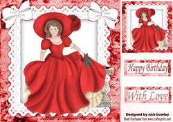Lady in red, on lace ornate frame 8x8