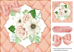 Pretty quilted effect card front in peach, with peach roses 8x8