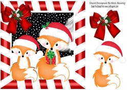 Cute pair of foxes in santa hats in red stripe frame 8x8