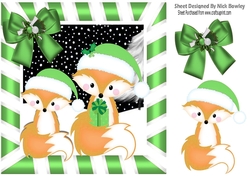 Cute pair of foxes in santa hats in green stripe frame 8x8