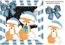 Cute pair of foxes in santa hats in blue stripe frame 8x8