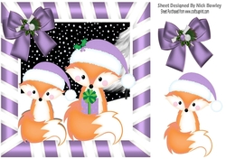 Cute pair of foxes in santa hats in purple stripe frame 8x8