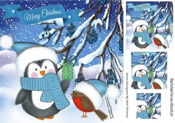 Cute penguin with robin in blue santa hats 8x8 with pyramids