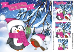 Cute penguin with robin in pink santa hats 8x8 with pyramids