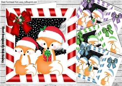  4 Cute pair of foxes in santa hats card fronts in stripe frames 8x8