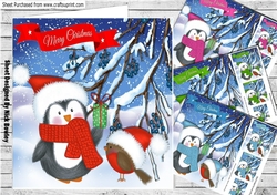  4 Cute penguin with robins in coloured santa hats card fronts  8x8 with pyramids