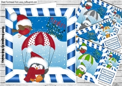  4 Lovely Santa little Helpers penguins in santa hats with robins 8x8 mini kit