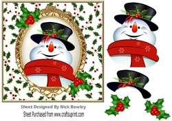 lovely jolly snowman in holly frame 7x7